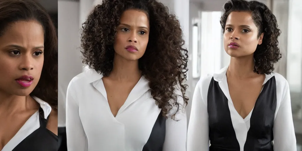 Image similar to ultra wide angle photo of gugu mbatha - raw dressed in a white blouse and black dress pants as diana prince looking at herself in a bathroom mirror and seeing her reflection as wonder woman