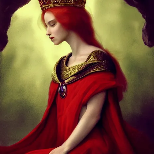 Prompt: Regal fiery bird, sitting on a throne with a crown on her head, Pre-Raphaelite, matte painting, trending on artstation