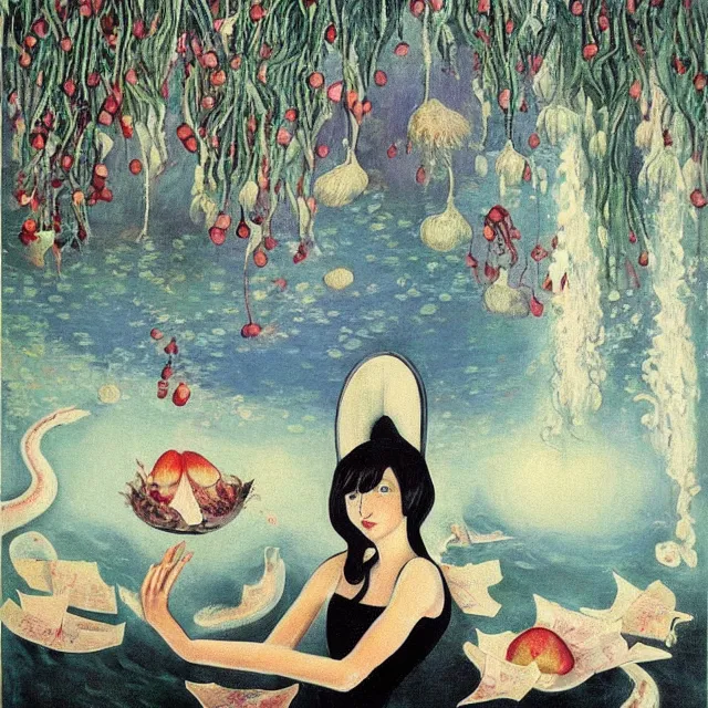 Image similar to tall female catgirl artist holding sheet music in her flooded apartment, pomegranates, octopus, water gushing from ceiling, painting of flood waters inside an artist's apartment, a river flooding indoors, mushrooms, ikebana, zen, rapids, waterfall, black swans, canoe, berries, acrylic on canvas, surrealist, by magritte and monet