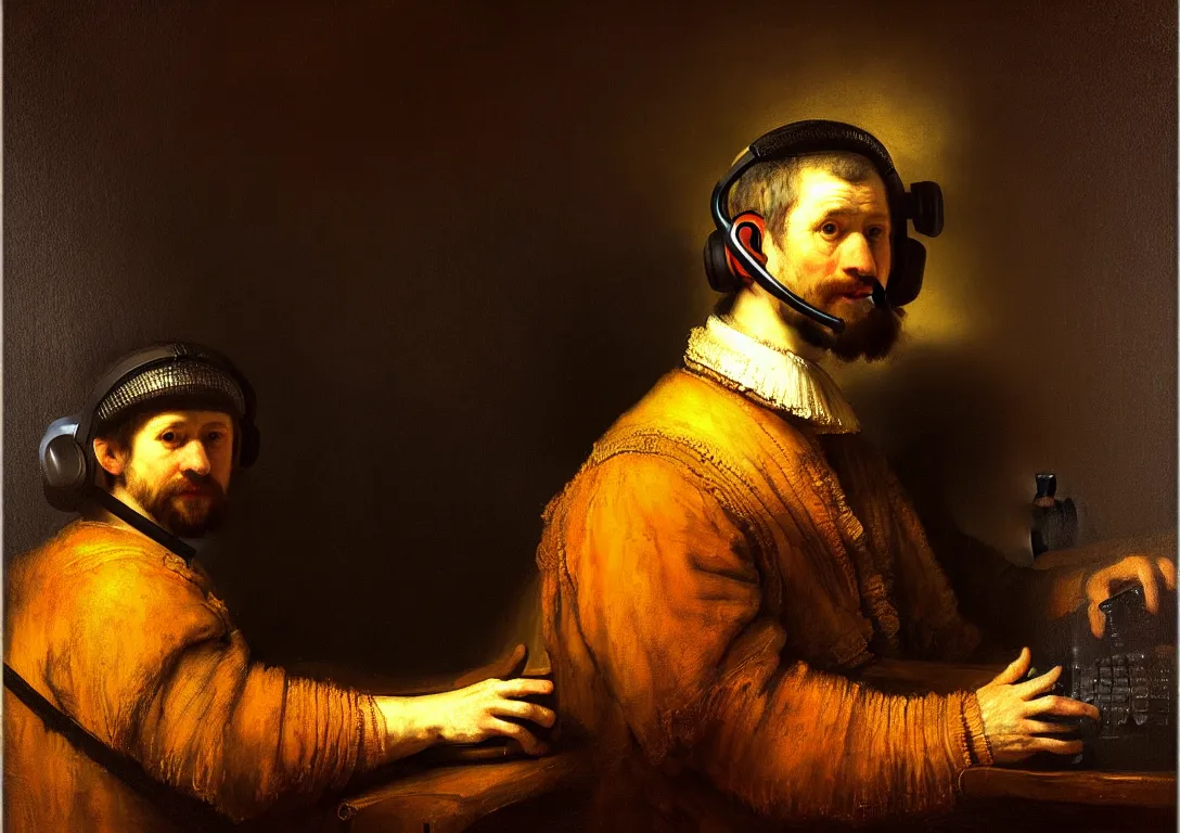Prompt: Rembrandt painting. Portrait of a handsome streamer wearing gaming headset playing PC games on his computer with RGB mouse and keyboard with gamer lights in his streamer room
