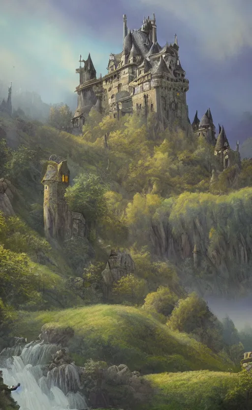 Image similar to A fantasy painting of a castle in a deep valley, lots of detail