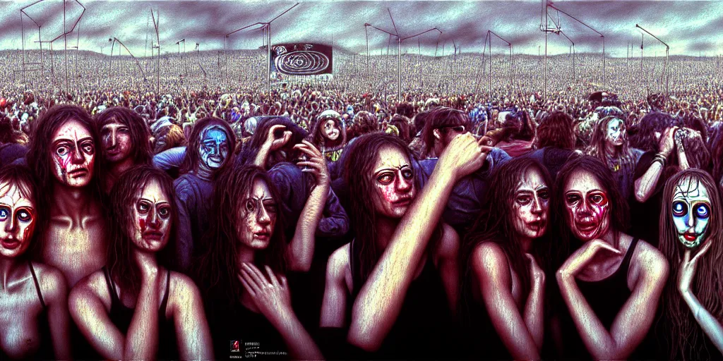 Image similar to Photorealistic people at woodstock 99 by H.R. Giger, KDA and Sam Yang, trending on artstation