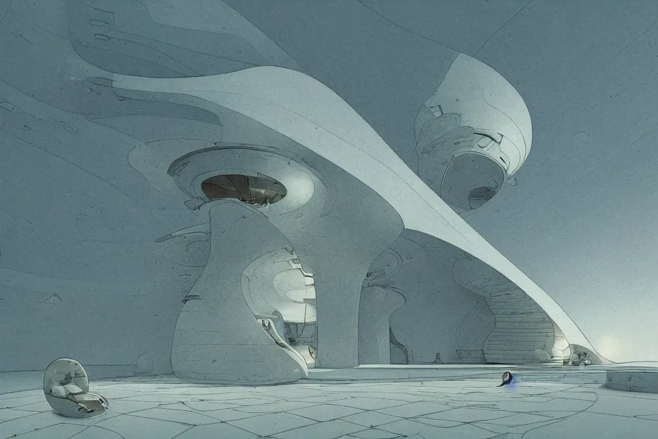 Prompt: sci-fi scene of a seashell house designed by snohetta, in the style of john harris and roger deakins by moebius