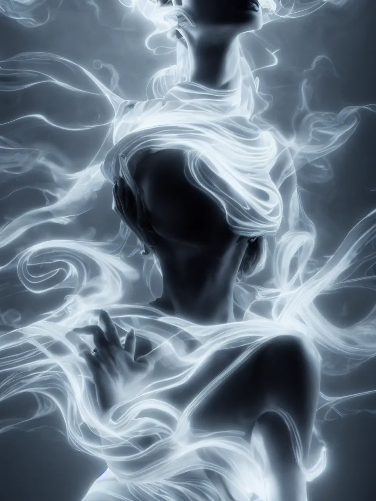 Image similar to white noir priestess, flowing swirls of smoke, hyperreal octane render volumtric cinematic