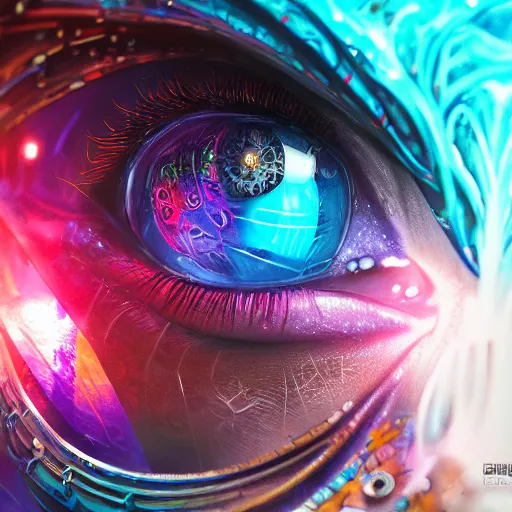 Prompt: Cybernetic Eye with intricate reflections, colorful, fantasy, vivid colors, concept art, sharp focus, digital art, Hyper-realistic, 4K, Unreal Engine, Highly Detailed, HD, Dramatic Lighting by Brom, trending on Artstation