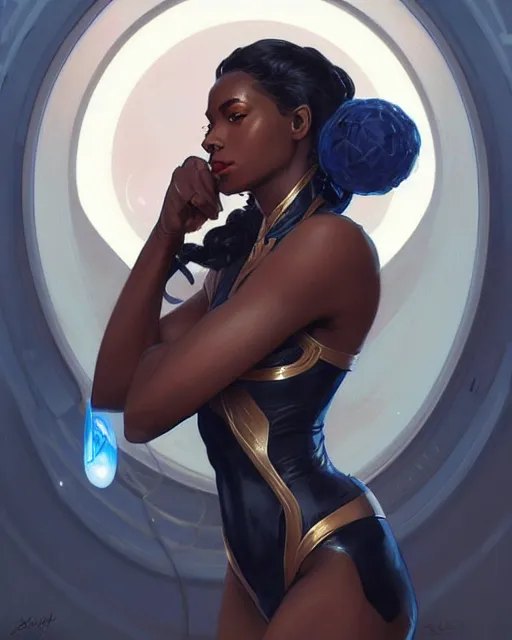 Image similar to Portrait of very very very very very very beautiful black woman, spacesuit, blue eyes, real life skin, intricate, elegant, highly detailed, artstation, concept art, smooth, sharp focus, art by artgerm and greg rutkowski and alphonse mucha