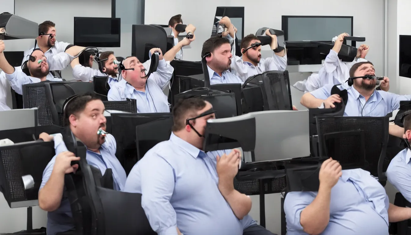 Prompt: In an call centre office, A group of obese old humans carry old televisions on their shoulders ,flexible industrial pipes join his ears and mouth to the television, they struggle to lift themselves from the fibres trial that attaches them to the floor , full colour ,4k