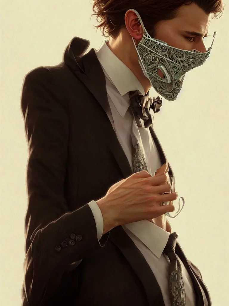 Prompt: ultra realistic illustration, a male with fabric mask, suit and tie, intricate, elegant, highly detailed, digital painting, artstation, concept art, smooth, sharp focus, illustration, art by artgerm and greg rutkowski and alphonse mucha