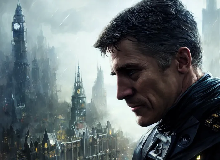 Image similar to highly detailed portrait of christoph waltz as bruce wayne, in batman : arkham knight, stephen bliss, unreal engine, fantasy art by greg rutkowski, loish, rhads, ferdinand knab, makoto shinkai and lois van baarle, ilya kuvshinov, rossdraws, tom bagshaw, global illumination, radiant light, detailed and intricate environment