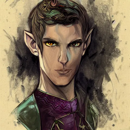 Prompt: portrait of pretty boy elvish tiefling with pointy ears and long dark hair, armored, fantasy, art