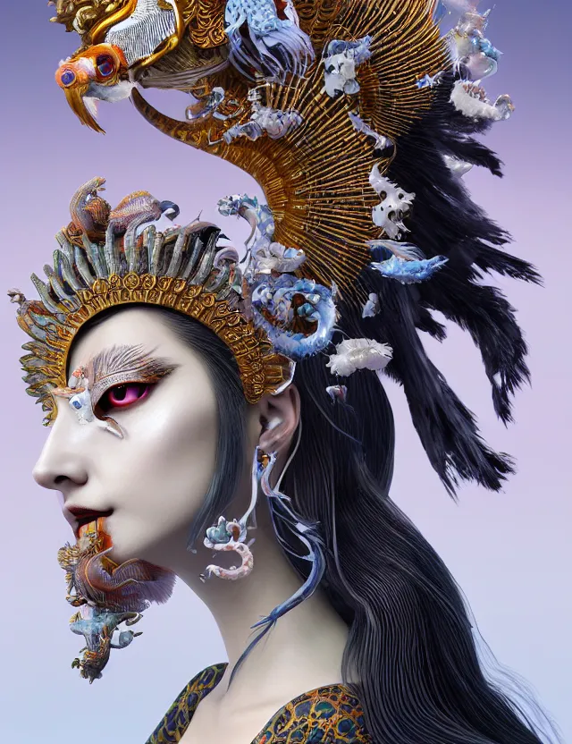 Image similar to 3 d goddess close - up profile portrait with crown, ram skull. beautiful intricately detailed japanese crow kitsune mask and clasical japanese kimono. betta fish, jellyfish phoenix, bio luminescent, plasma, ice, water, wind, creature, artwork by tooth wu and wlop and beeple and greg rutkowski