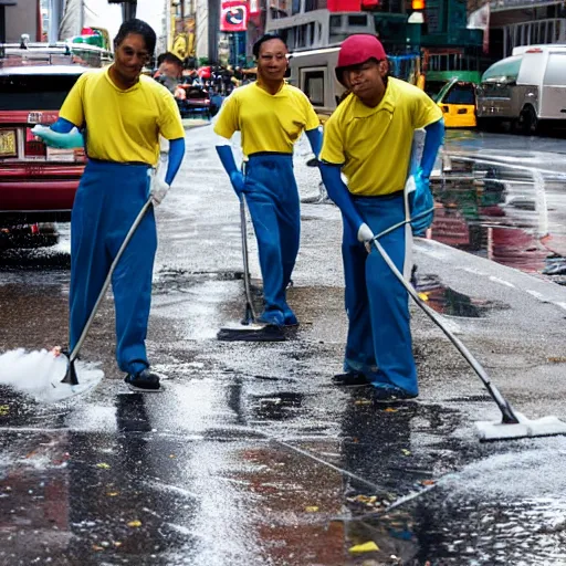 Image similar to a group of cleaners with mops fighting puddles in rainy new york street