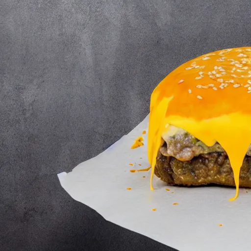 Prompt: a cheeseburger with 1 0 0 0 slices of cheese in it, overflowing with cheese, touching the ceiling