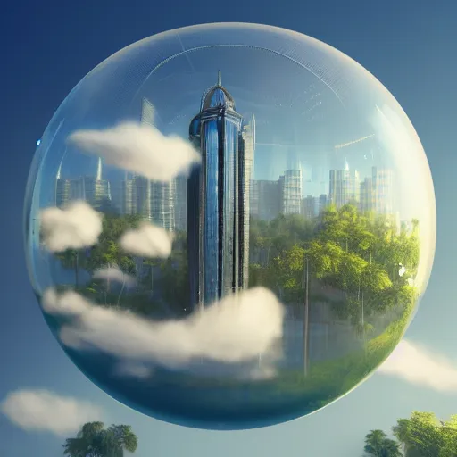 Prompt: miniature skyscraper inside a bubble, floating on clouds, realistic 3 d render, unreal engine, gardens, ecofuturism, solarpunk, maya, 8 k, smooth, sharp focus, octane, twilight