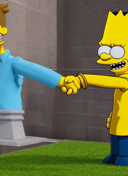 Image similar to bart simpson and harry potter business handshake, they're all statues, octane render, 8 k, highly detailed, hyper - realistic.