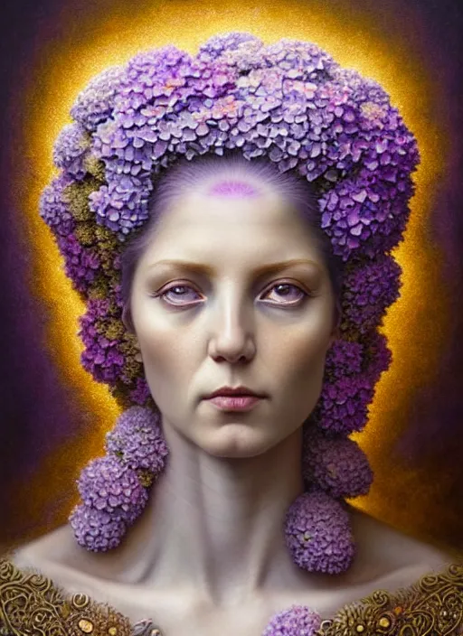 Prompt: a lilac hair beautiful goddess of light, colourful hydrangeas flowers, soft roses, and dried petals, painterly, emotionally evoking methaphoric, and ornamental, intricate and elegant, highly detailed photorealistic painting, decorative lines, sharp focus, golden ratio, by tomasz alen kopera and zdzisław beksinski,