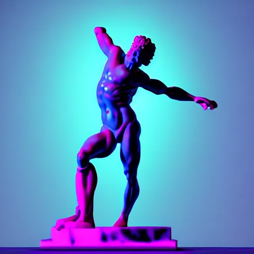 Image similar to unreal engine octane render houdini hyperreallistic render 8k marble statue of hercules vaporwave blue and pink neon background