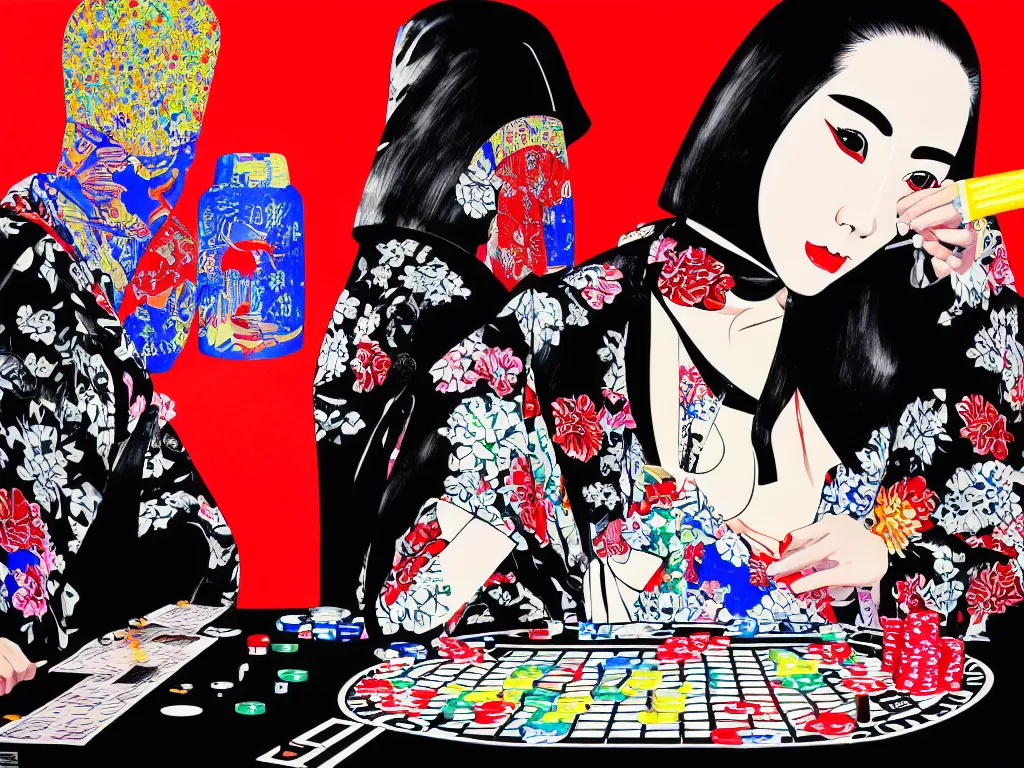 Image similar to hyperrealism composition of the detailed woman in a japanese kimono sitting at an extremely detailed poker table with darth vader, fireworks on the background, pop - art style, jacky tsai style, andy warhol style, acrylic on canvas