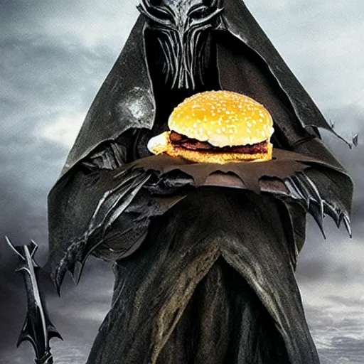 Prompt: the witch king of angmar eats a macdonalds burger