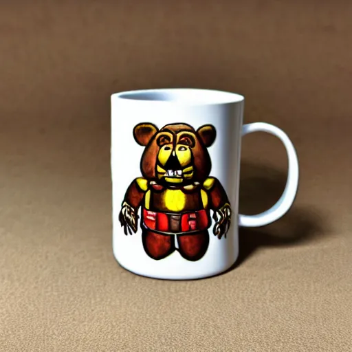 Prompt: ceramic mug in the shape of freddy fazbear