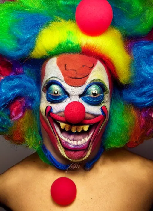 Image similar to Clown Frog King, clown world, clown makeup and rainbow wig, portrait by Frank Frazetta