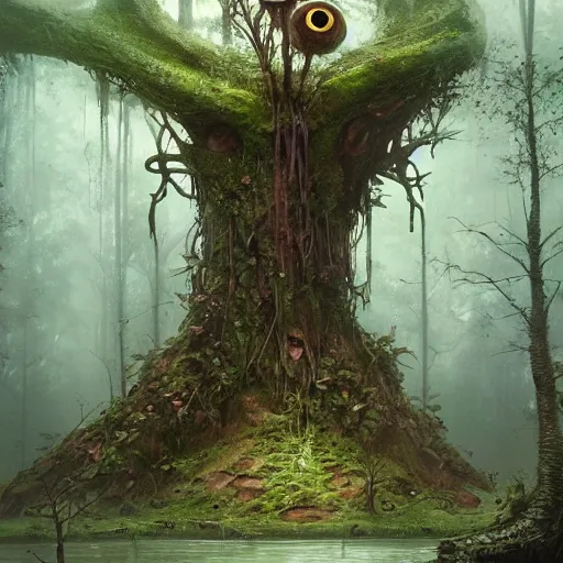 Prompt: living tree, tree has legs and eyes, in the shape of a frog, swamp, greg rutkowski, trending on art station, highly detailed, magic the gathering, matte painting