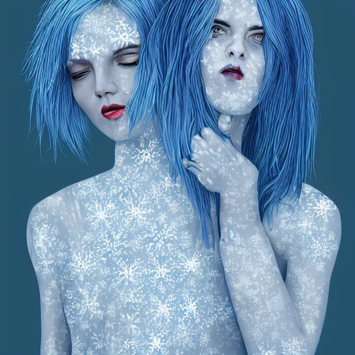 Image similar to a woman wearing a highneck dress made out of snowflakes. she is sickly looking and dying of hypothermia. very pale and blue lips. pale blue hair. full body digital portrait by maromi sagi