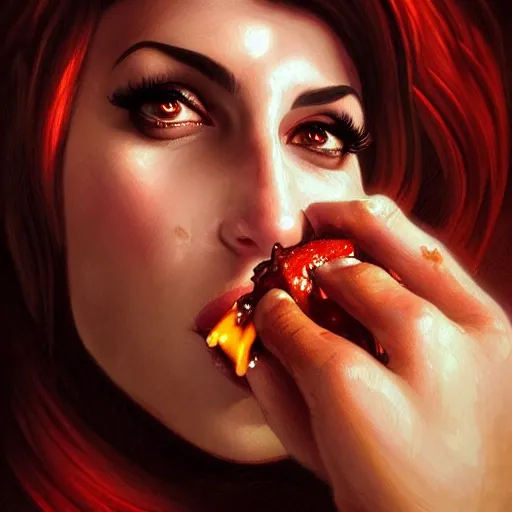 Prompt: Amy Winehouse eating McRib dripping bbq sauce, closeup, D&D, fantasy, intricate, elegant, highly detailed, digital painting, artstation, concept art, matte, sharp focus, illustration, art by Artgerm and Greg Rutkowski and Alphonse Mucha