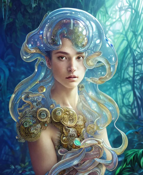 Prompt: intricate ornate opulent transparent clear see - through crystal portrait of a gundam beautiful male alien sea slug, mottled coloring, adorable, childlike, overgrown jungle environment, ultra realistic, concept art, art nouveau, photorealistic, octane render, 8 k, unreal engine. art by christopher marley and artgerm and greg rutkowski and alphonse mucha