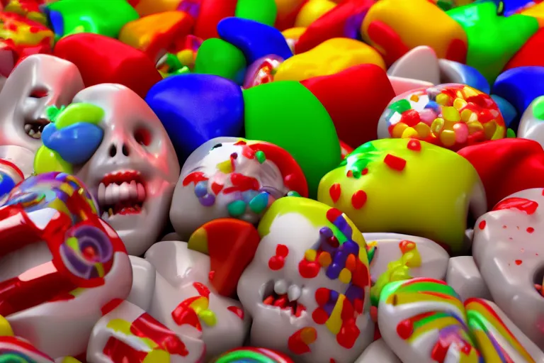 Image similar to 3 d render of a children's show full of candy, horror movie, octane render, 8 k