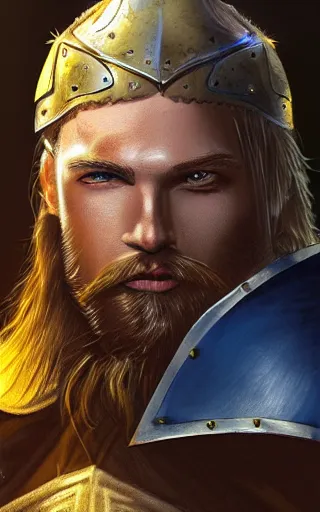 Image similar to highly detailed concept art of a rugged young knight with blonde hair and blue eyes and a short beard wearing a blue shirt and a yellow cape and leather boots holding a shield and a warpick, by Piotr Dura, concept art, realistic, masterpiece, ArtStation