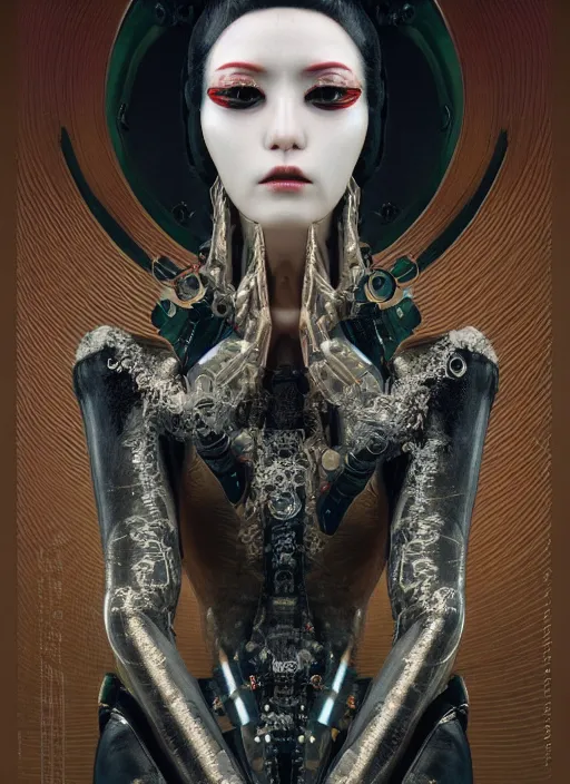 Prompt: portrait of a sensual futuristic geisha cyborg with headpiece, kintsugi, modern fine art, fractal, in the style of ghosts in the shell, intricate ornaments, elegant, highly detailed, digital photography, subsurface scattering, by jheronimus bosch and greg rutkowski,