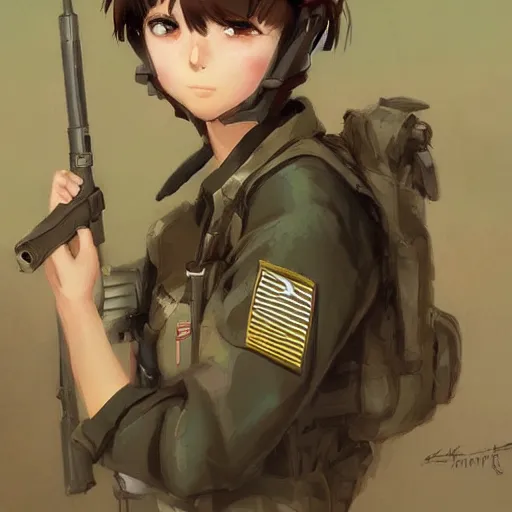 Image similar to anime girl in a united states army special forces uniform, cute face, digital art, portrait, krenz cushart, craig davison