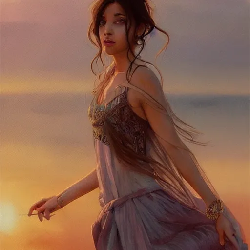 Image similar to River leading into a sunset, Watercolor, photorealistic, high resolution, award winning, trending on artstation, olive skin, long dark hair, beautiful bone structure, intricate, elegant, highly detailed, digital painting, artstation, concept art, smooth, sharp focus, illustration, art by artgerm and greg rutkowski and alphonse mucha