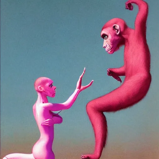 Image similar to monk fight monkey with pink gloves, retro 5 0 s style, art by beksinski and stalenhag