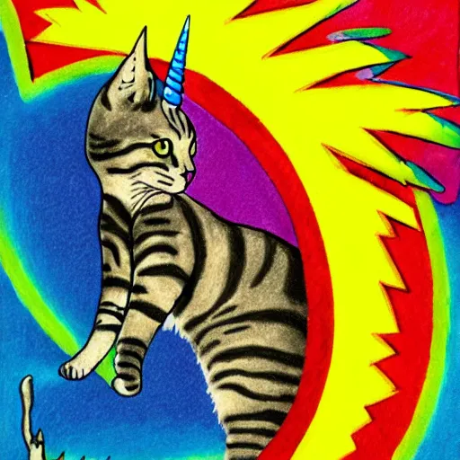 Prompt: colorful cat with unicorn horn jumping through a ring a fire, very high detail, hyperrealistic, colored ink