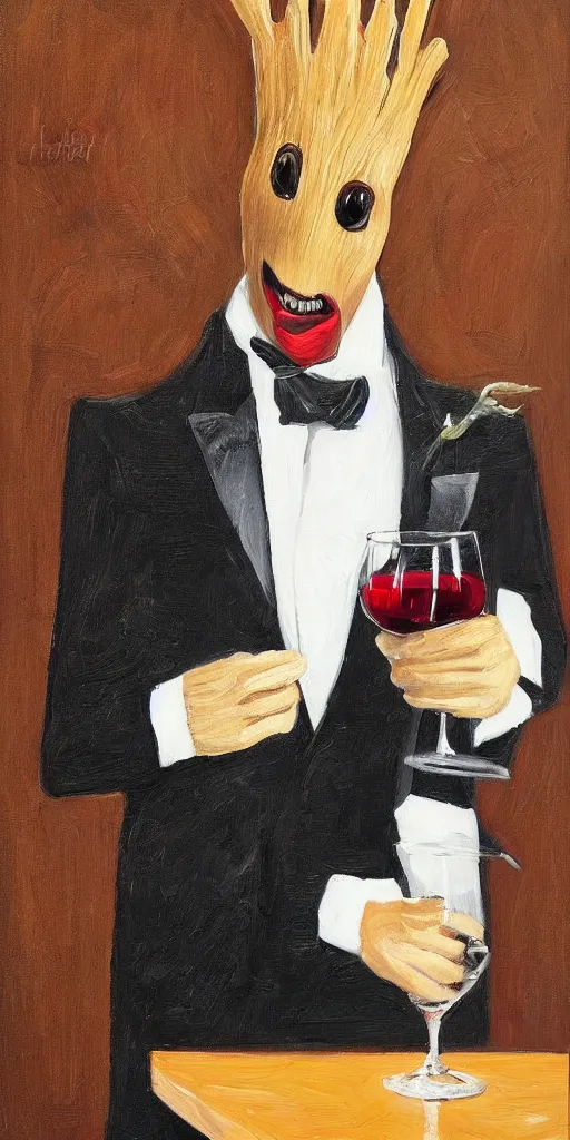 Image similar to portrait painting of the groot as a gentleman wearing tuxedo drinking wine, masterpiece, artwork