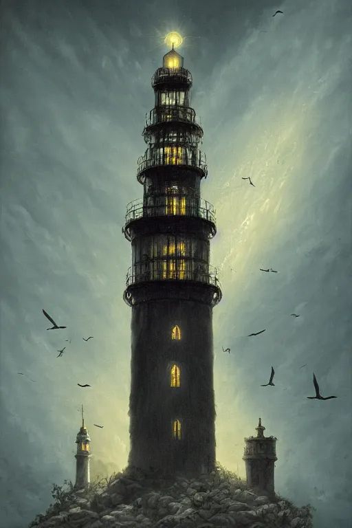 Prompt: Detailed Exterior Shot of The Black Gothic Lighthouse of Alexandria, light of god, light shafts, flock of birds, stunning atmosphere, in Style of Peter Mohrbacher, cinematic lighting