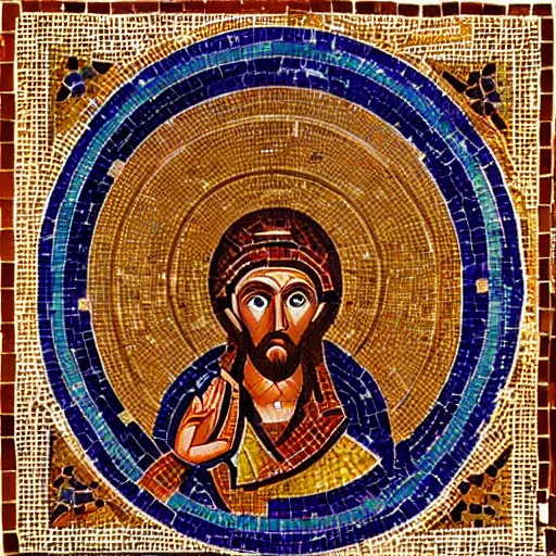 prompthunt: byzantine mosaic of gigachad, perfect face, perfect eyes,  strong jaw, centered, awarded photo, intricated, very detailed, highly  qualified