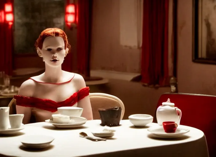 Prompt: movie still of a woman in a red dress made out of porcelain sitting at a table in a cafe, smooth white skin, creepy, directed by Guillermo Del Toro