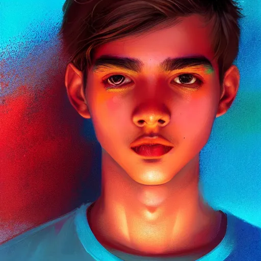 Image similar to colorful and festive captivating teenager with straight brown hair covering his eye, dark skin, big lips, big eyes, wearing a red t - shirt. rich vivid colors, ambient lighting, dynamic lighting, 4 k, atmospheric lighting, painted, intricate, highly detailed by charlie bowater