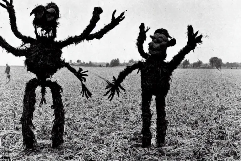 Image similar to horrifying 4 - armed scarecrow from the early 1 9 0 0's burning down the cornfields the cornfields