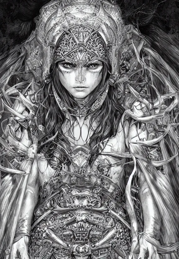 Image similar to mad priestess of forbidden knowledge concept art, symmetrical, rule of three, detailed body, full body, detailed face, ultradetailed digital illustration, 8 k, epic atmosphere, digital art by simon cowell and kentaro miura