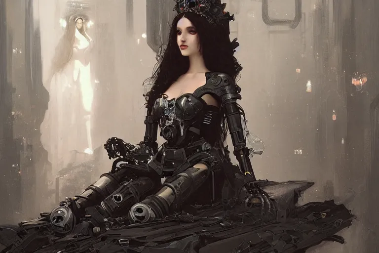 Image similar to laying beautiful painting of a crowned robotic cyberpunk princess in a gothic dark flowing gown laying, intricate, elegant, highly detailed, digital painting, artstation, concept art, by krenz cushart and artem demura and william adolph bouguereau