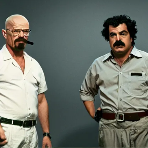 Image similar to walter white with pablo escobar talking about blue sky meth ( cinematic still frame shot, great detailed, good quality, greatly illustrated, uhd, studio lighting, 8 k, photo - realistic, hyperrealistic )