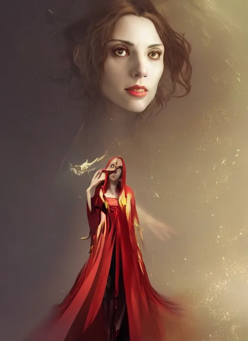 Prompt: character concept portrait of an attractive young female Spanish witch in a red and golden robe with pale skin enchanting a protection spell, a floating iridescent spell book in the center, intricate, elegant, digital painting, concept art, smooth, sharp focus, illustration, from Metal Gear, by Ruan Jia and Mandy Jurgens and William-Adolphe Bouguereau, Artgerm