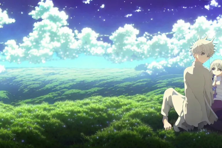 Image similar to a vast scene, panorama distant view, anime art full body portrait character concept art, hyper detailed scene render of a boy and a white lion, anime key visual of violet evergarden, finely detailed perfect face delicate features directed gaze, in the white clouds fairyland, trending on pixiv fanbox, violet evergarden, studio ghibli, james jean, extremely high quality artwork