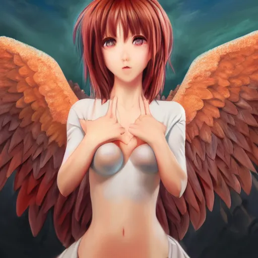 Image similar to an oil painting of a beautiful anime girl with angel wings, by artgerm, hd, hdr, ue 5, ue 6, unreal engine 5, cinematic 4 k wallpaper, 8 k, ultra detailed, high resolution, artstation, award winning