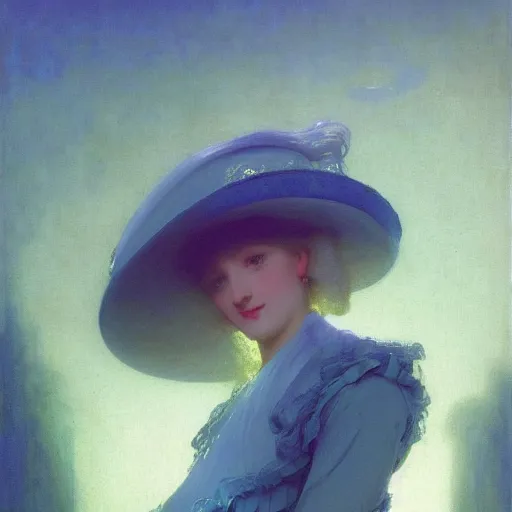 Image similar to a young woman's face, her hair is white and she wears a cobalt blue satin cloak, by ivan aivazovsky and syd mead and moebius and gaston bussiere and roger dean and pieter claesz and paul delaroche and alma tadema and aelbert cuyp and willem claesz, hyperrealistic, volumetric light, octane render