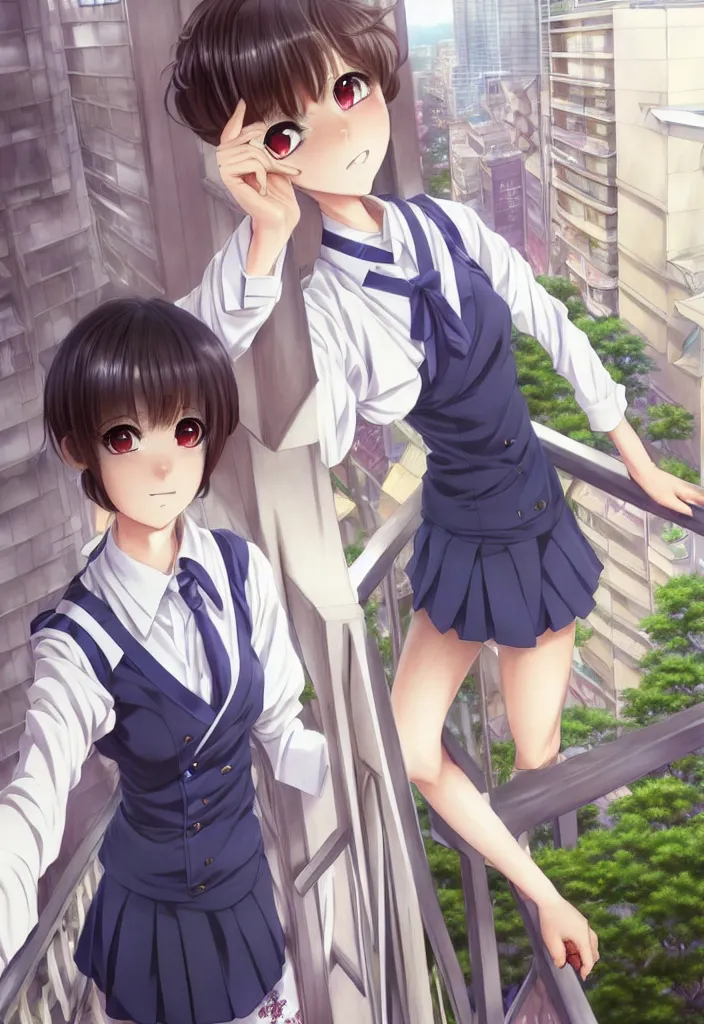 Prompt: beautiful full body portrait of one anime female with short hair, wearing Japanese school uniform, standing in on a balcony overlooking downtown Tokyo, D&D, fantasy, intricate, elegant, highly detailed, digital painting, artstation, concept art, smooth, sharp focus, illustration, art by artgerm and WLOP and Krenz Cushart and greg rutkowski and alphonse mucha